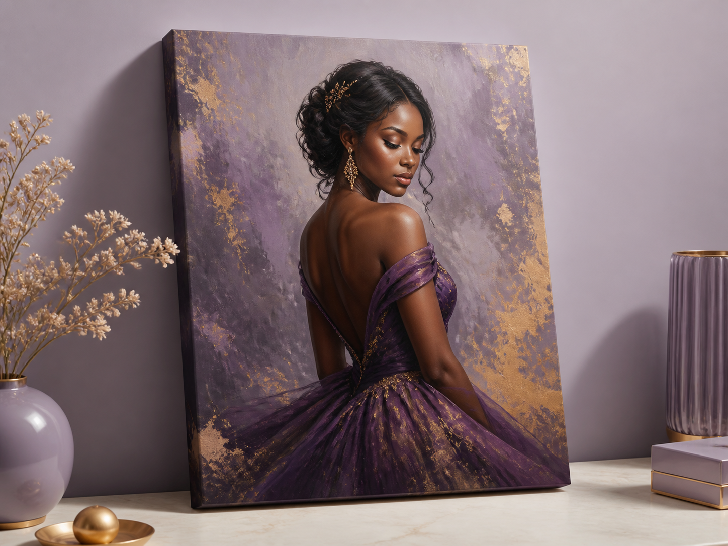 Gallery-wrapped canvas of a woman in a purple and gold gown leaning against a lavender wall