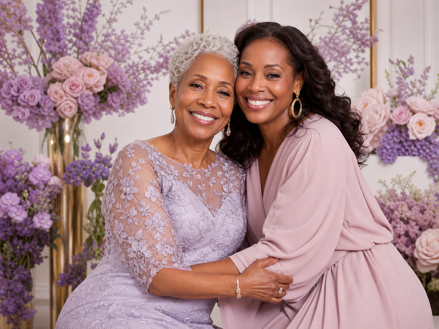 Mother and daughter embracing in lavender and blush dresses among spring florals