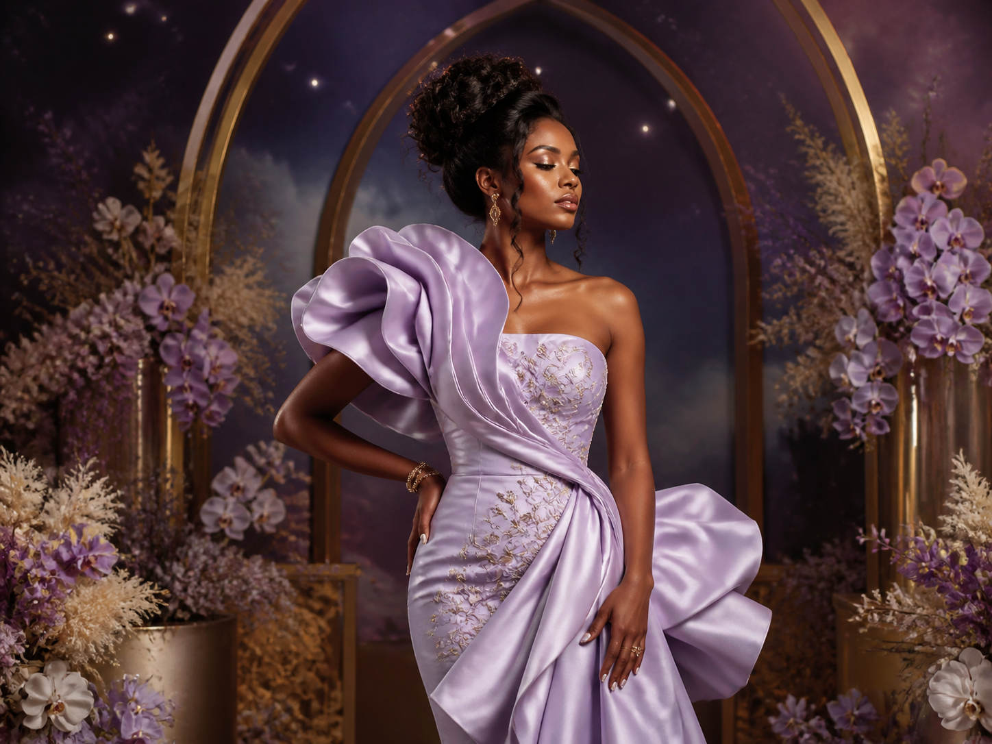 Model in a lilac couture gown before a gold arch with orchids and starlight