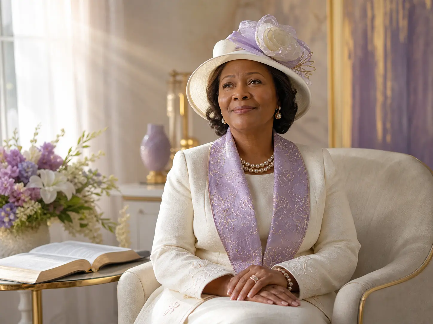 Woman in a cream church suit and hat seated beside an open Bible