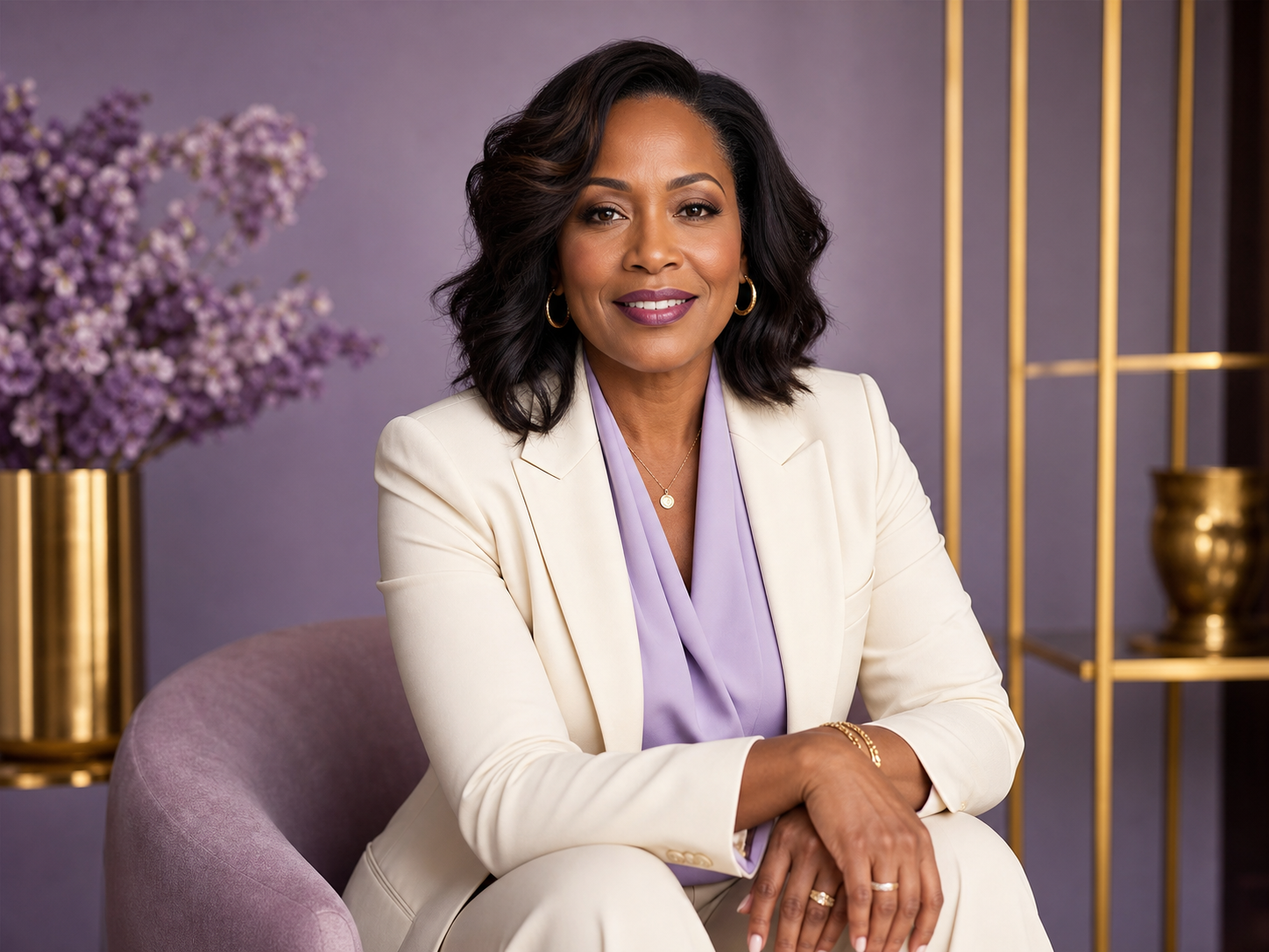 Professional portrait of a woman in a cream suit and lavender blouse with gold accents