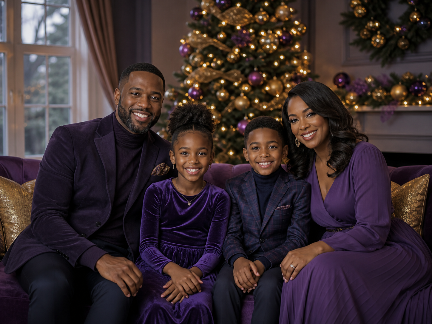 Family of four in purple holiday outfits beside a lit Christmas tree