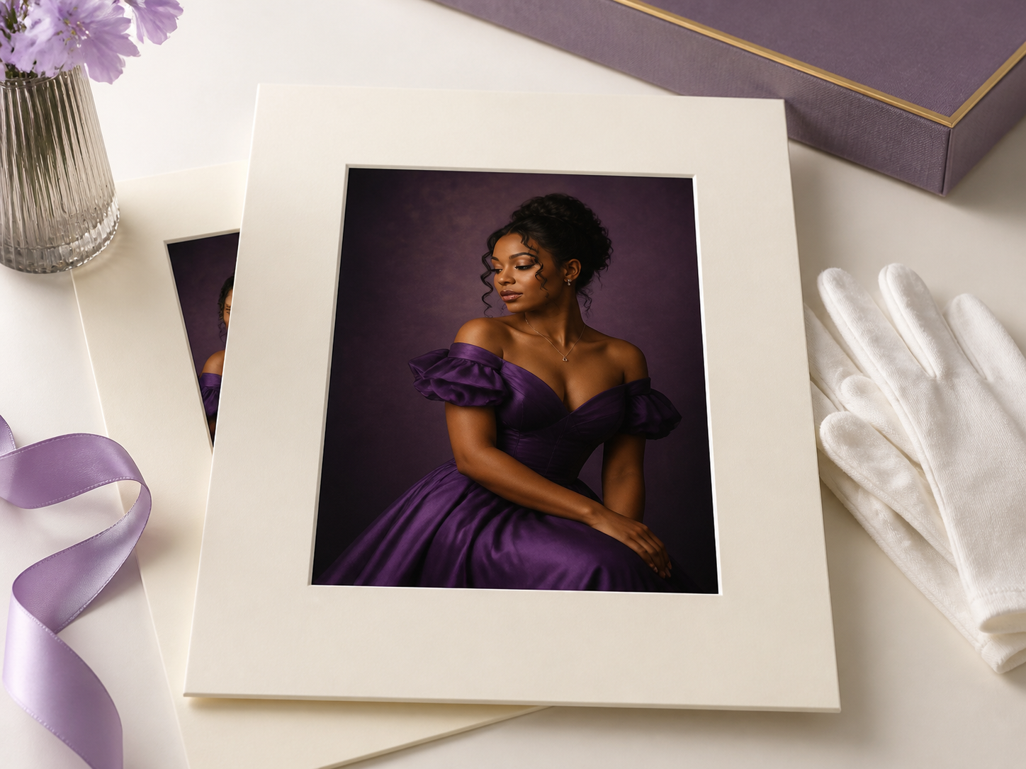 Matted premium print of a woman in a purple gown beside a lavender gift box and ribbon