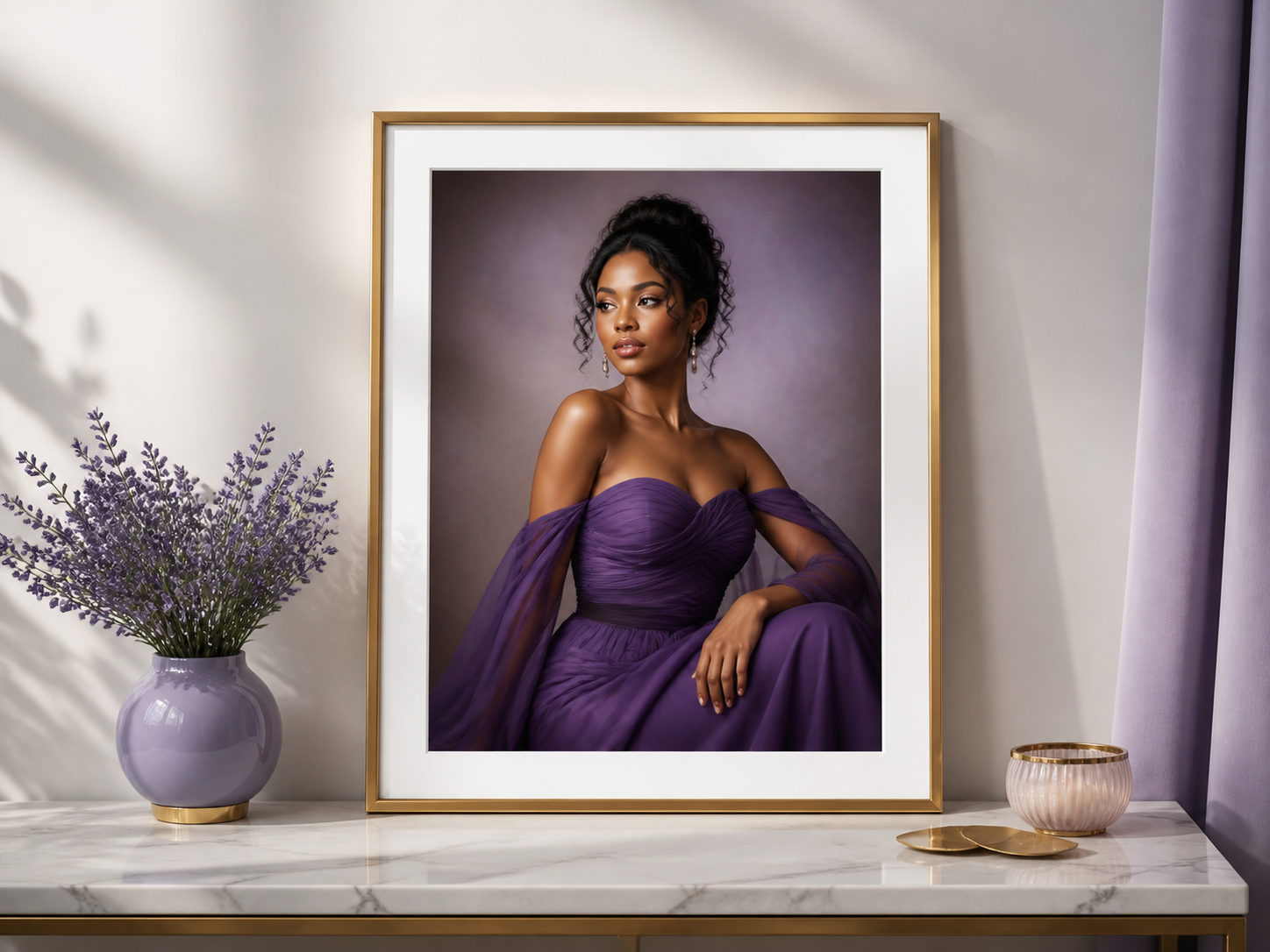Gold-framed portrait of a woman in a purple gown displayed on a marble console beside lavender