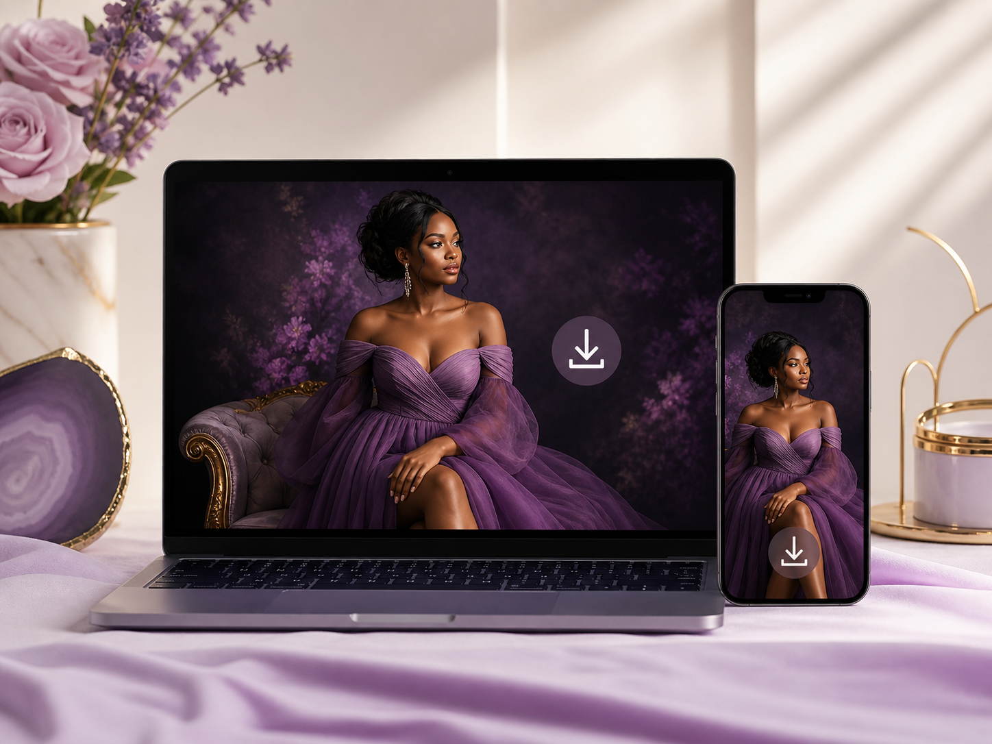 A purple-gown studio portrait shown on a laptop and phone with a download icon