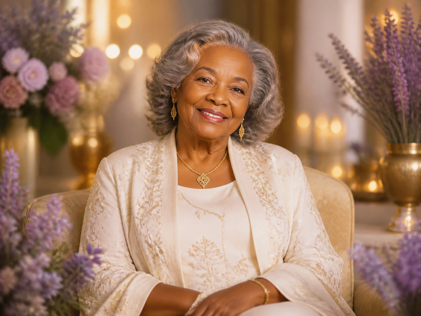 Serene elder woman in cream and gold seated among lavender florals and candles