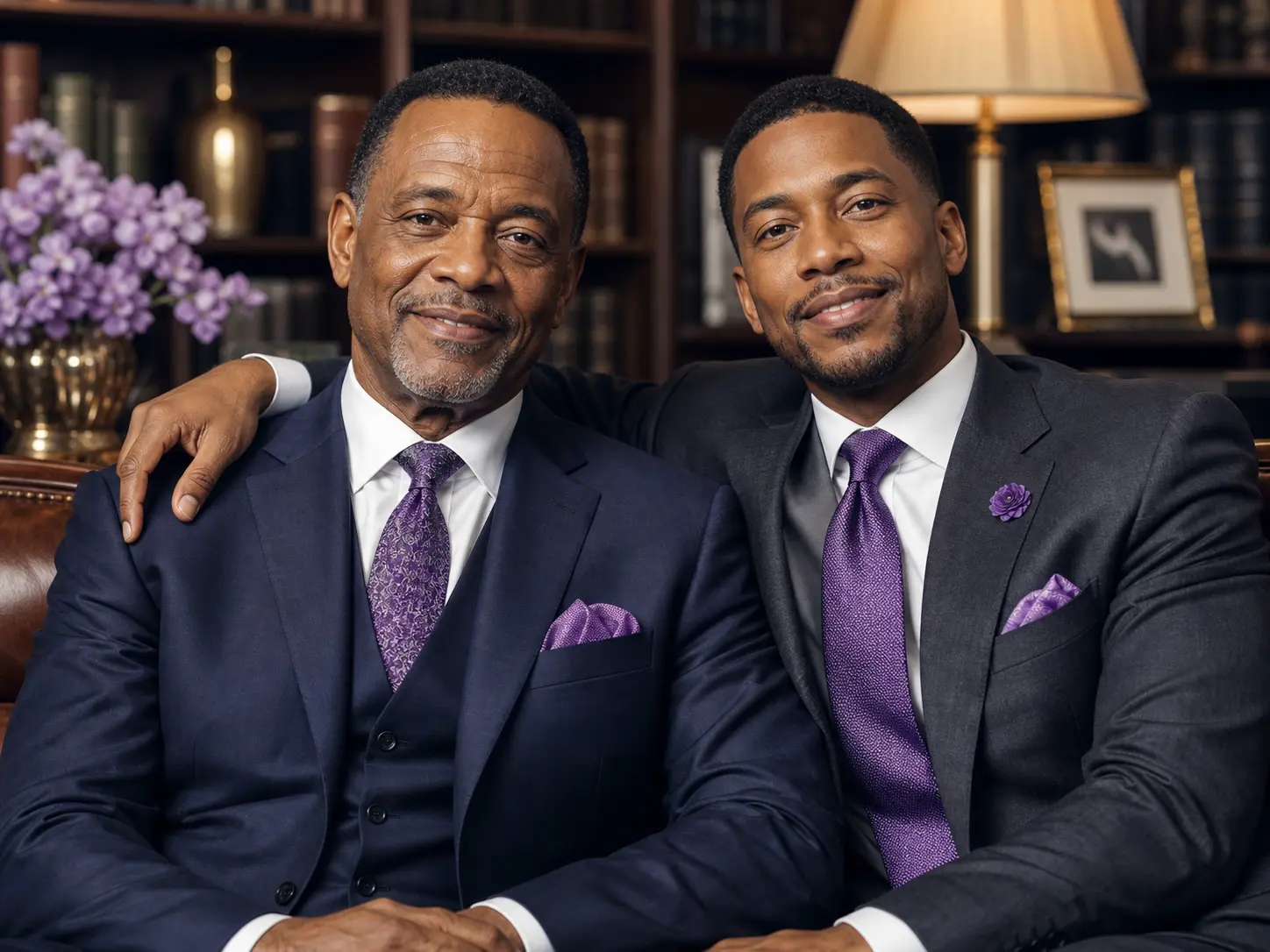 Father and son in tailored suits with purple ties in a warm library setting